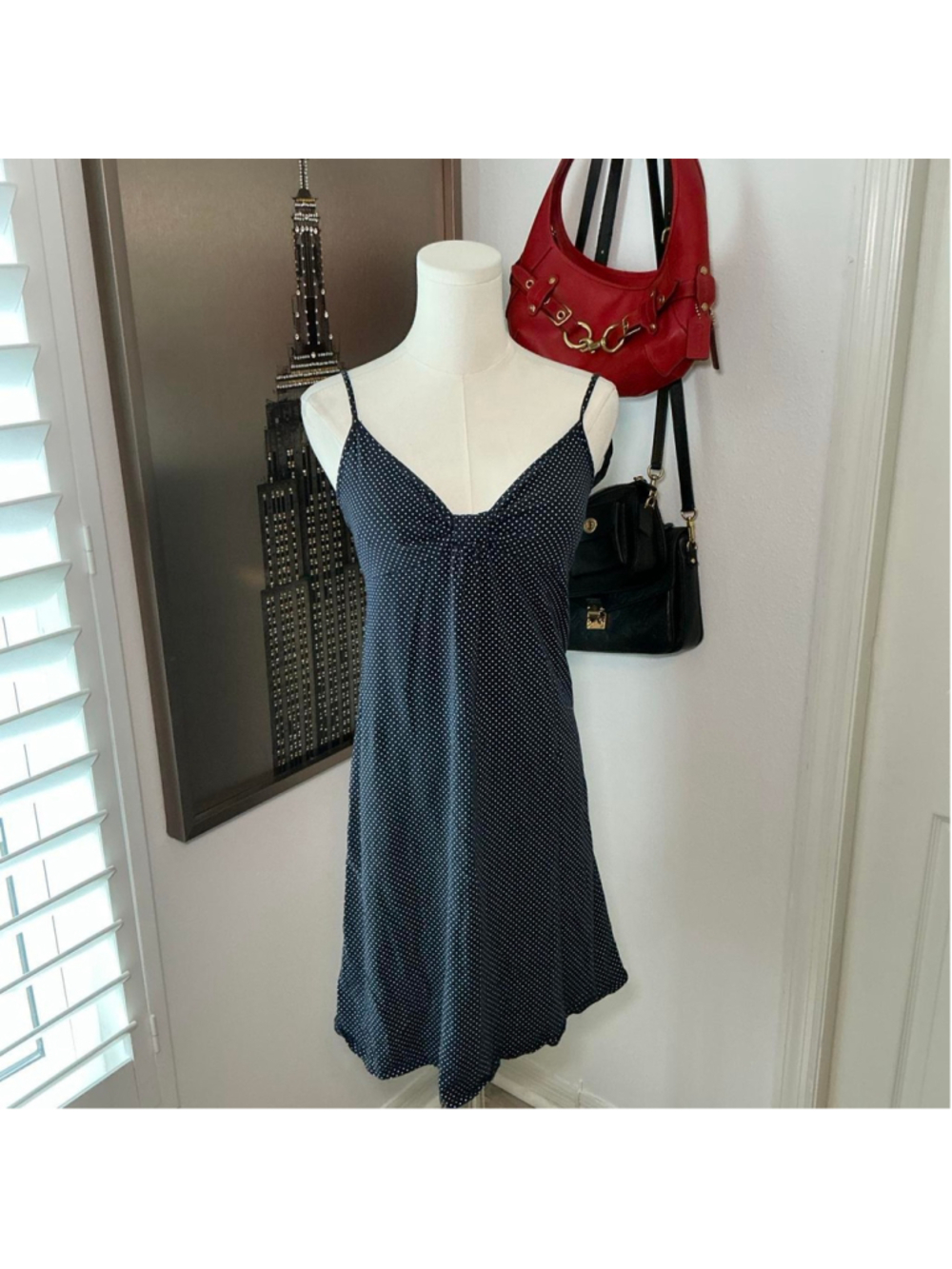 Ann Taylor LOFT Navy Polka Dot Empire Waist Cami Dress Size Small
